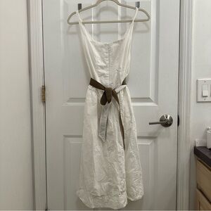 Theory White Midi Dress with Brown Waist Sash